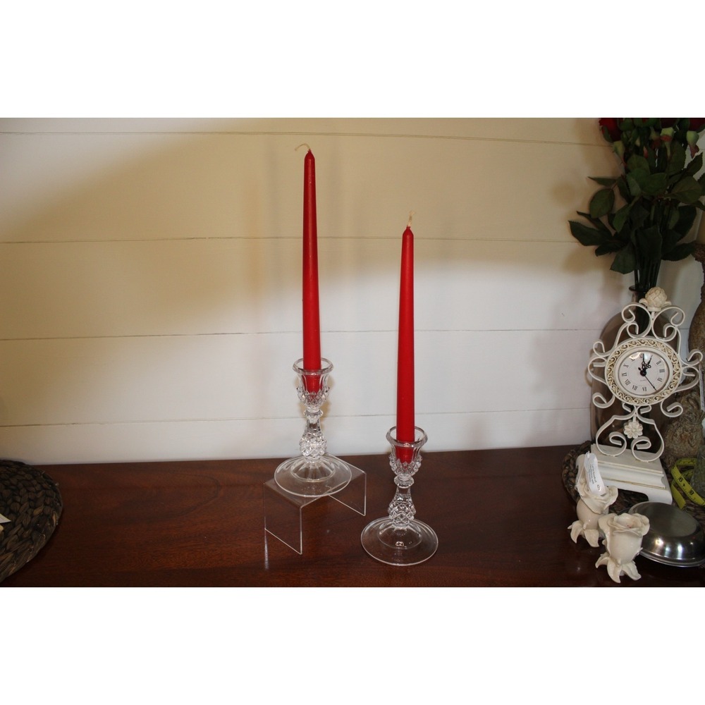 pair of Vintage clear pressed diamond-cut candlestick holder